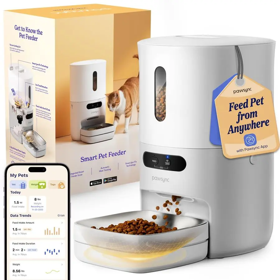 

Automatic Cat Feeder, WiFi Smart Scale Tracks Pets Food Intake, App Control, 3.6L Timed Food Dispenser for Cats and Dogs, Up to