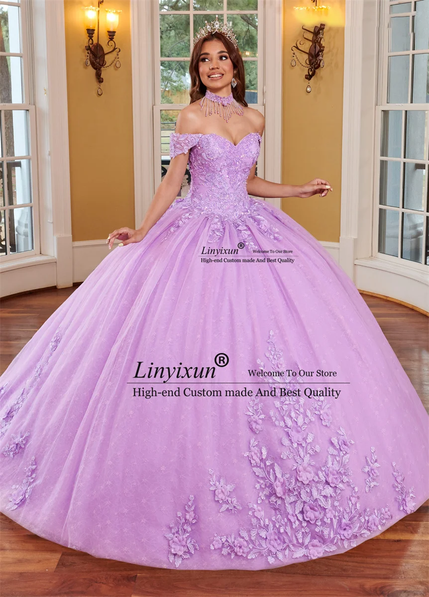 Princess Lavender Purple Princess Ball Gown Quinceanera Dresses Flowers Lace Appliques Beads Vestidos De 15 Anos Sweet 16th Dres