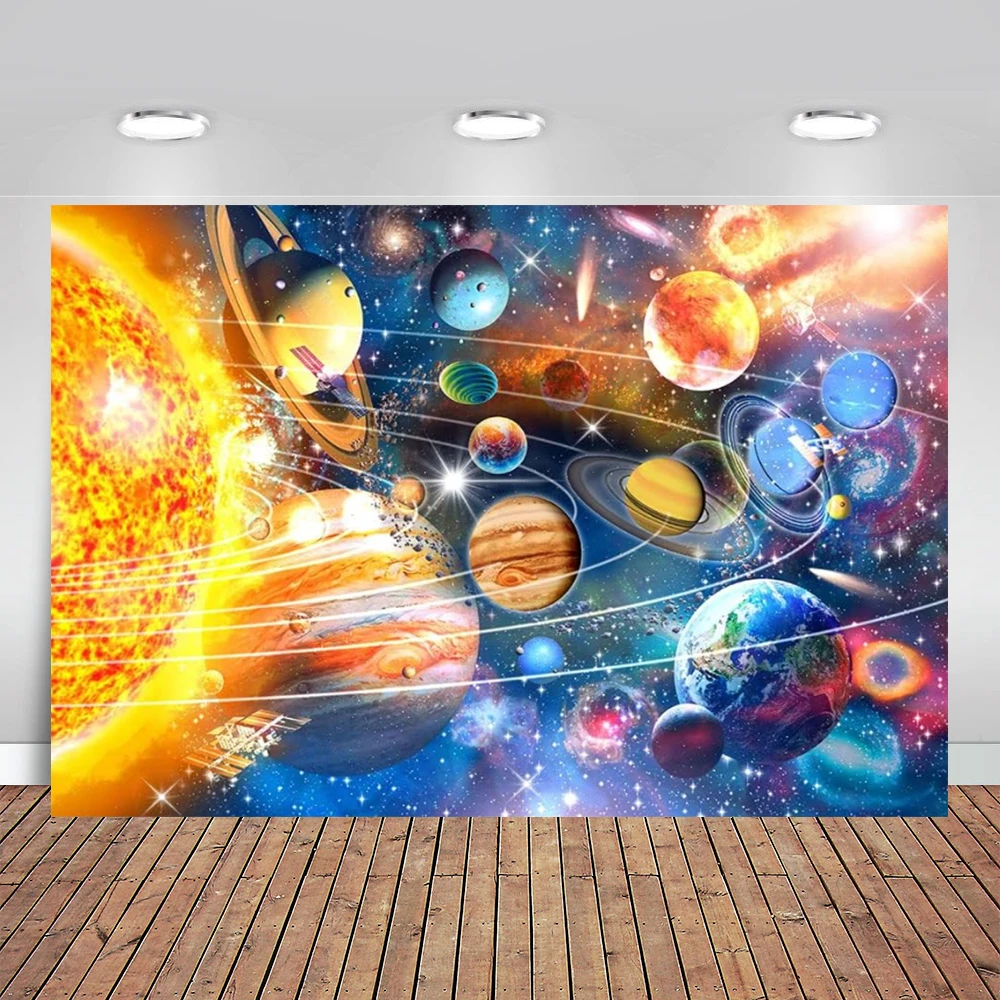 

Outer Space Backdrop Solar System 9 Planet Astronomy Universe Galaxy Glittering Stars Satellite Flying Baby Kids Bithday Party