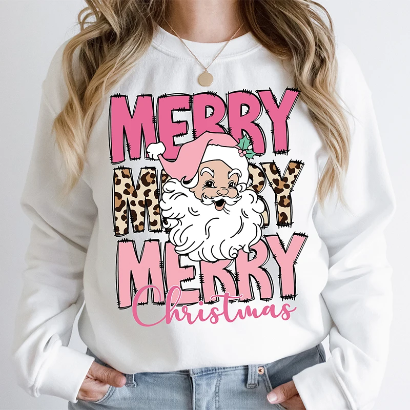 

Women'S Leopard Print Christmas Round Neck Pure Cotton Long Sleeved Pink Christmas Shirt Street Retro Trend Sports Casual Top