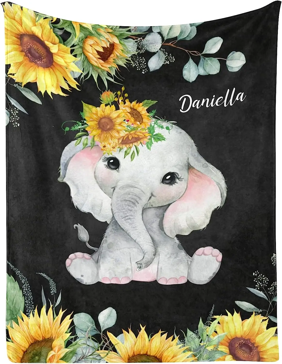 Sunflower Elephant Watercolor Personalized Kid Baby Blanket Customized 30 x 40 Inch Throw with Name Text for Girl Boy