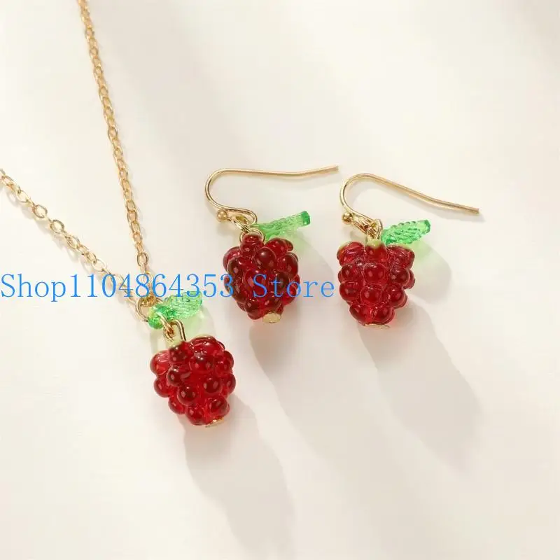 652F Raspberry Inspired Jewelry Set Stylish Fruit Charm Necklace and Earrings for Everyday Use Elegant Party Accessories