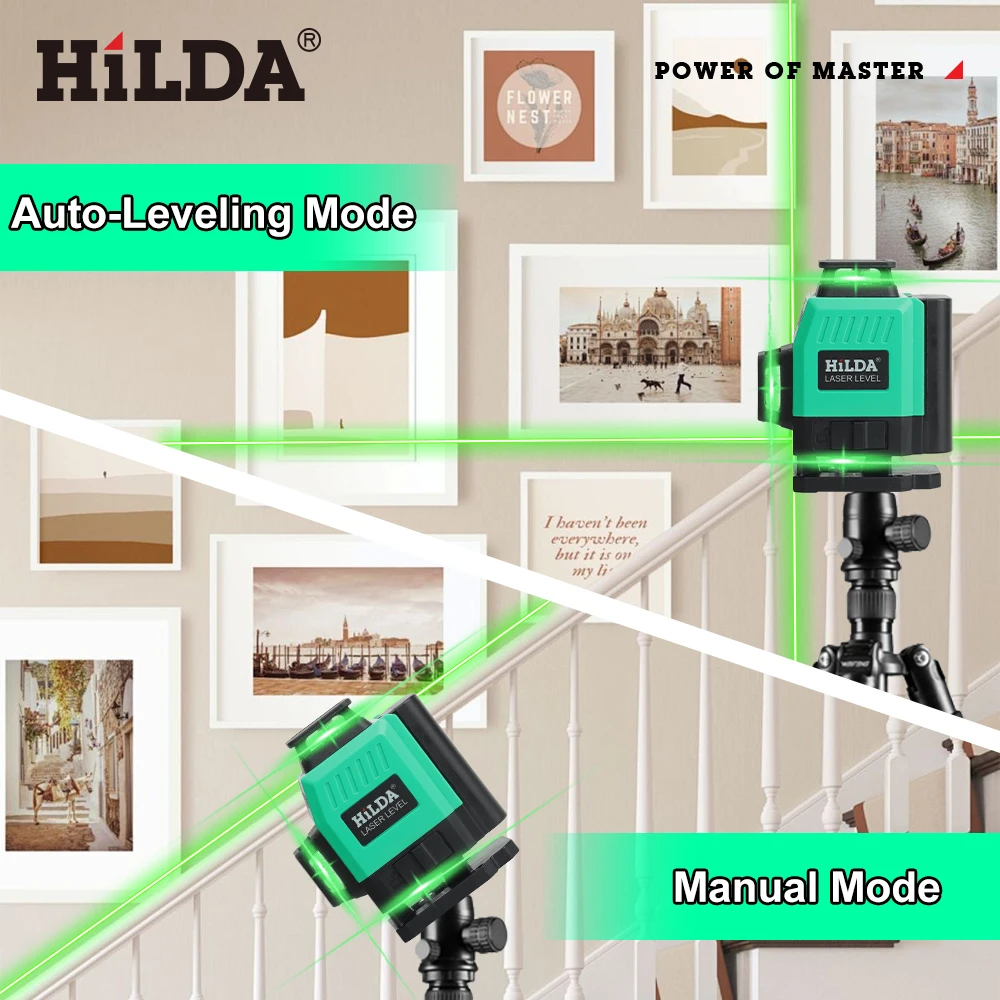 HILDA مستوى الليزر ثلاثية الأبعاد/4D 12/16 خطوط شعاع أخضر أفقي 360 التسوية الذاتية أداة بصرية الضوء الرأسي والأفقي