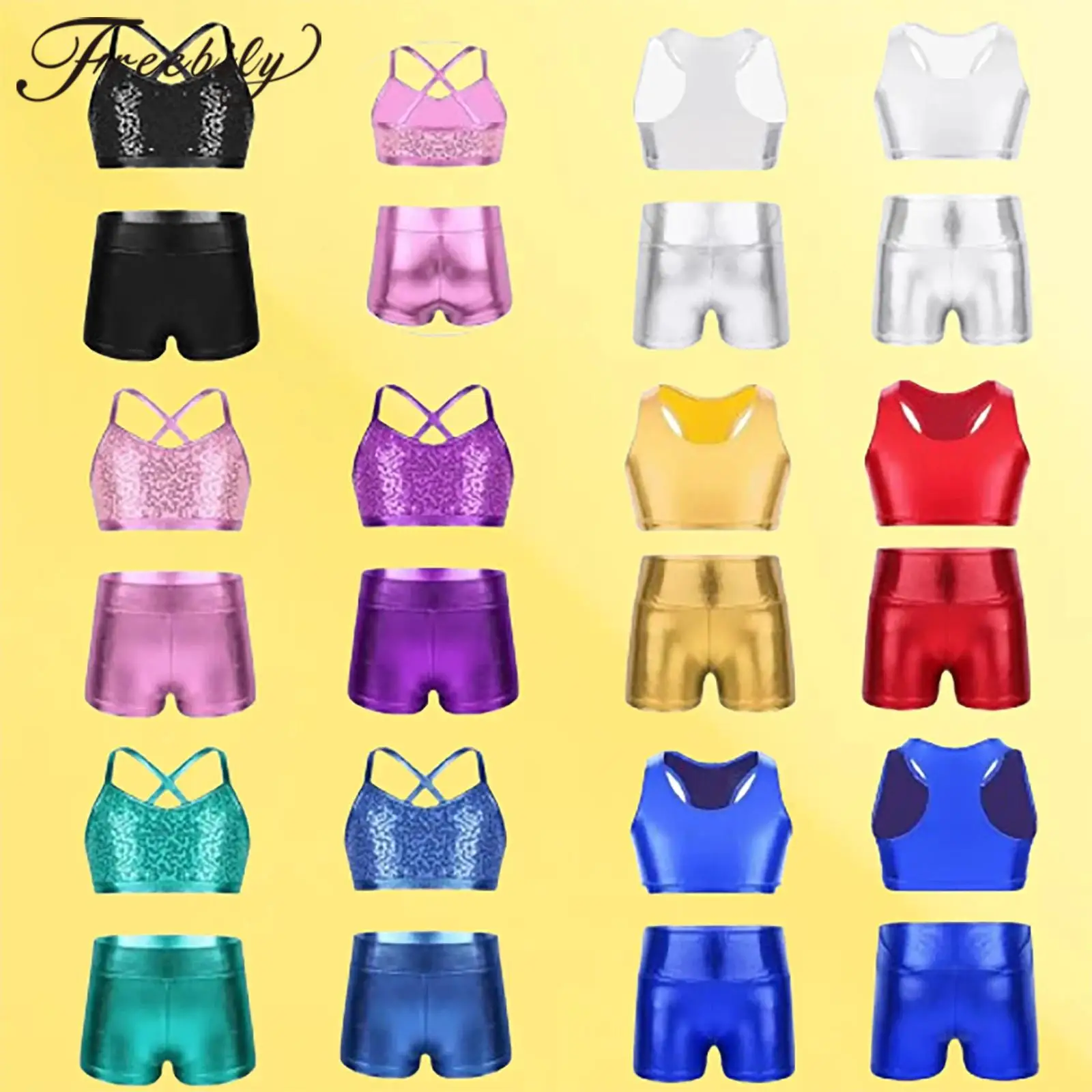 Children Sequins Jazz Dance Costumes Ballet Dance Outfit Teens Crop Tops Shorts Performance Clothes Kids Girls Hiphop Dancewear