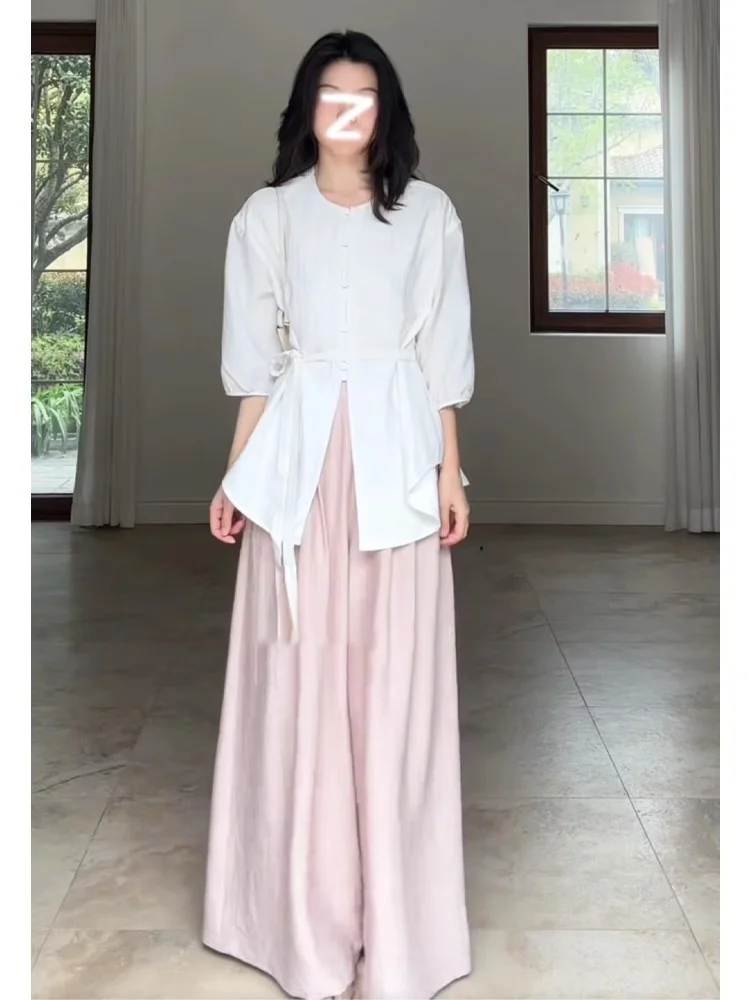 

Модный китайский комплект: рубашка и брюки с широкими штанинами, летний новый дизайн, сенсация, эластичный пояс, в стиле дзен.