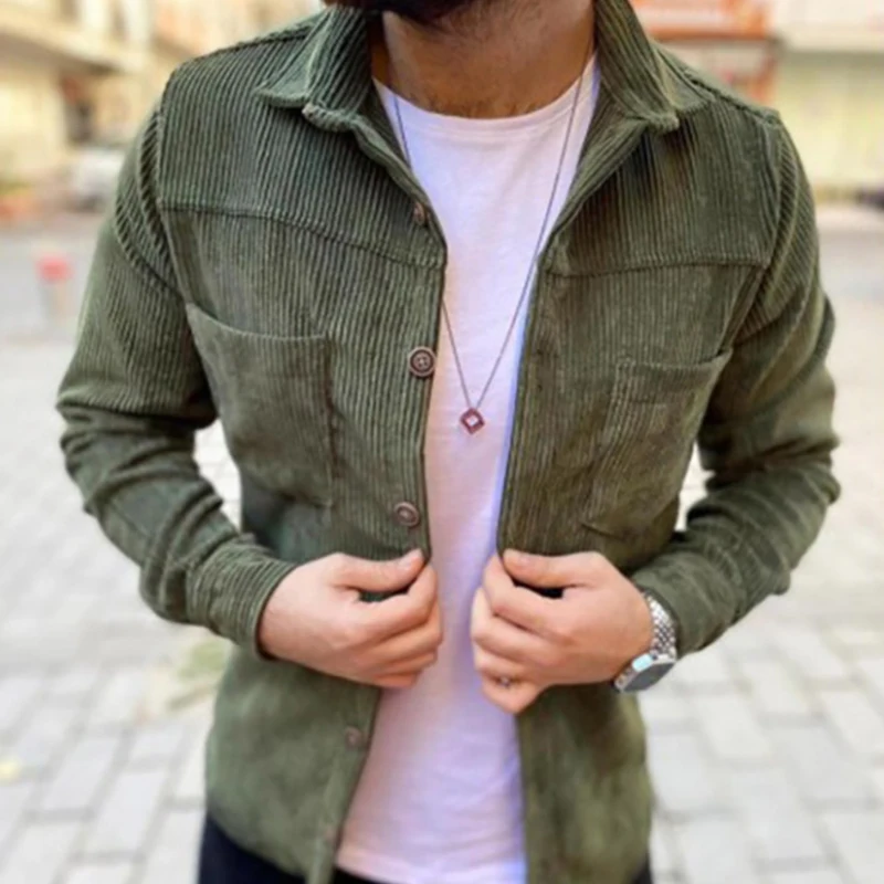 Mens Vintage Corduroy Coat Autumn Loose Jacket Spring Turn-down Collar Shirt Casual Outdoor Male Short Streetwear 2024 New