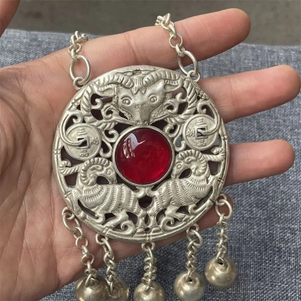 Old Chinese Tibet Silver Inlay Red Gemstone Handcarved Sheep Necklace Pendant