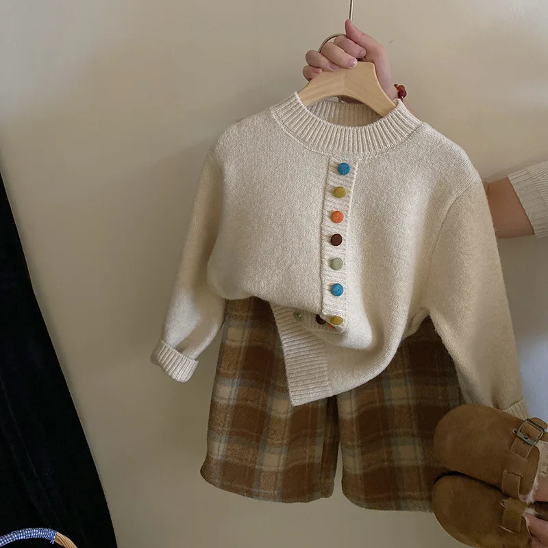 

Girls Suit 2024 Autumn New Childrens Wear Korean Style Baby Girl Color Button Sweater Plus Fleece Plaid Pants Two-piece Set