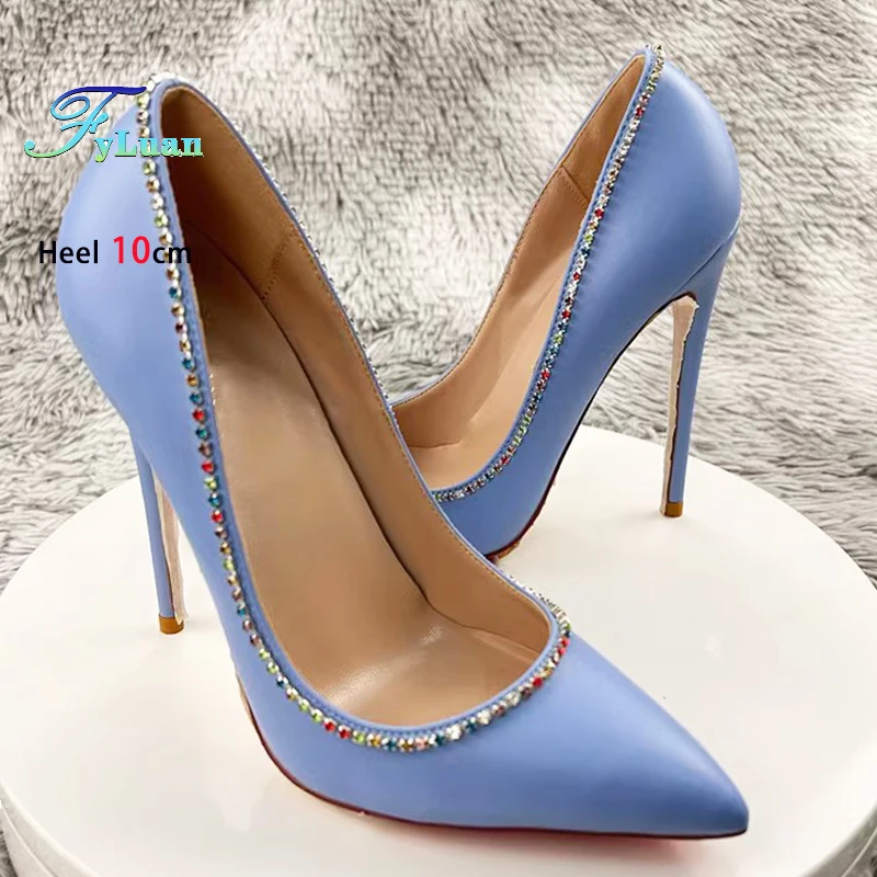 Sky Blue Matte High Heels Pumps Pointed Thin Heel Shallow Mouth Rhinestones Shoes for Women Elegant Women's Heels 6-12cm