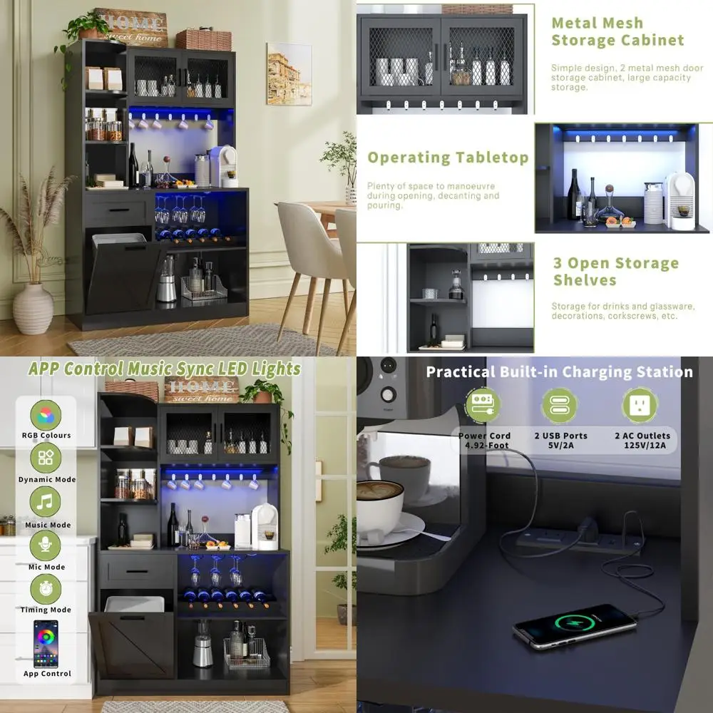 خزانة تخزين مطبخ أنيقة باللون الأسود 67.3 مع درج وأرفف وصندوق قمامة قابل للإمالة وبار القهوة والنبيذ #1