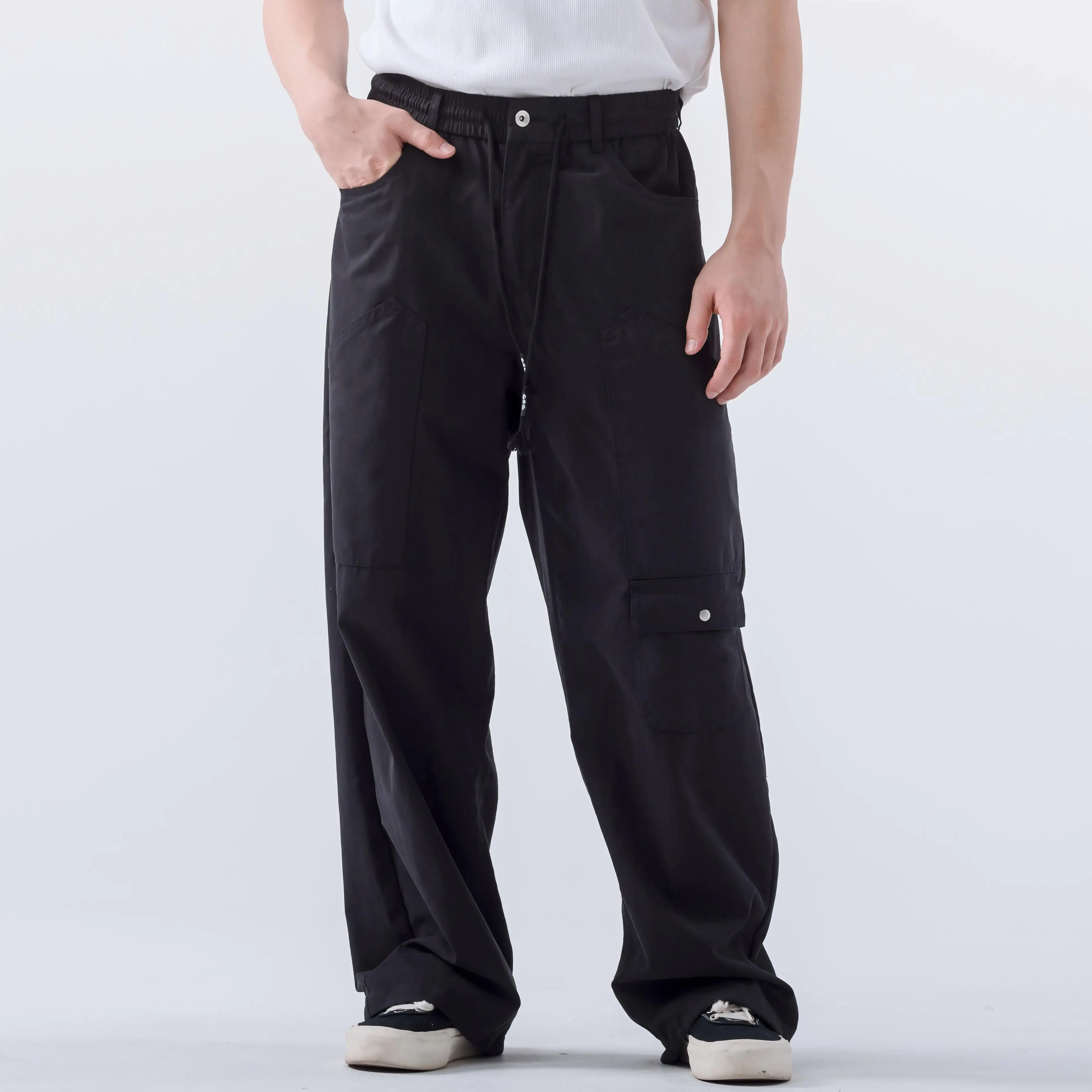 

Black High Street Hip Hop Flared Work Pants High Street Wide Leg Pants Baggy Zip up Drawstring Oversize Cargo Pants