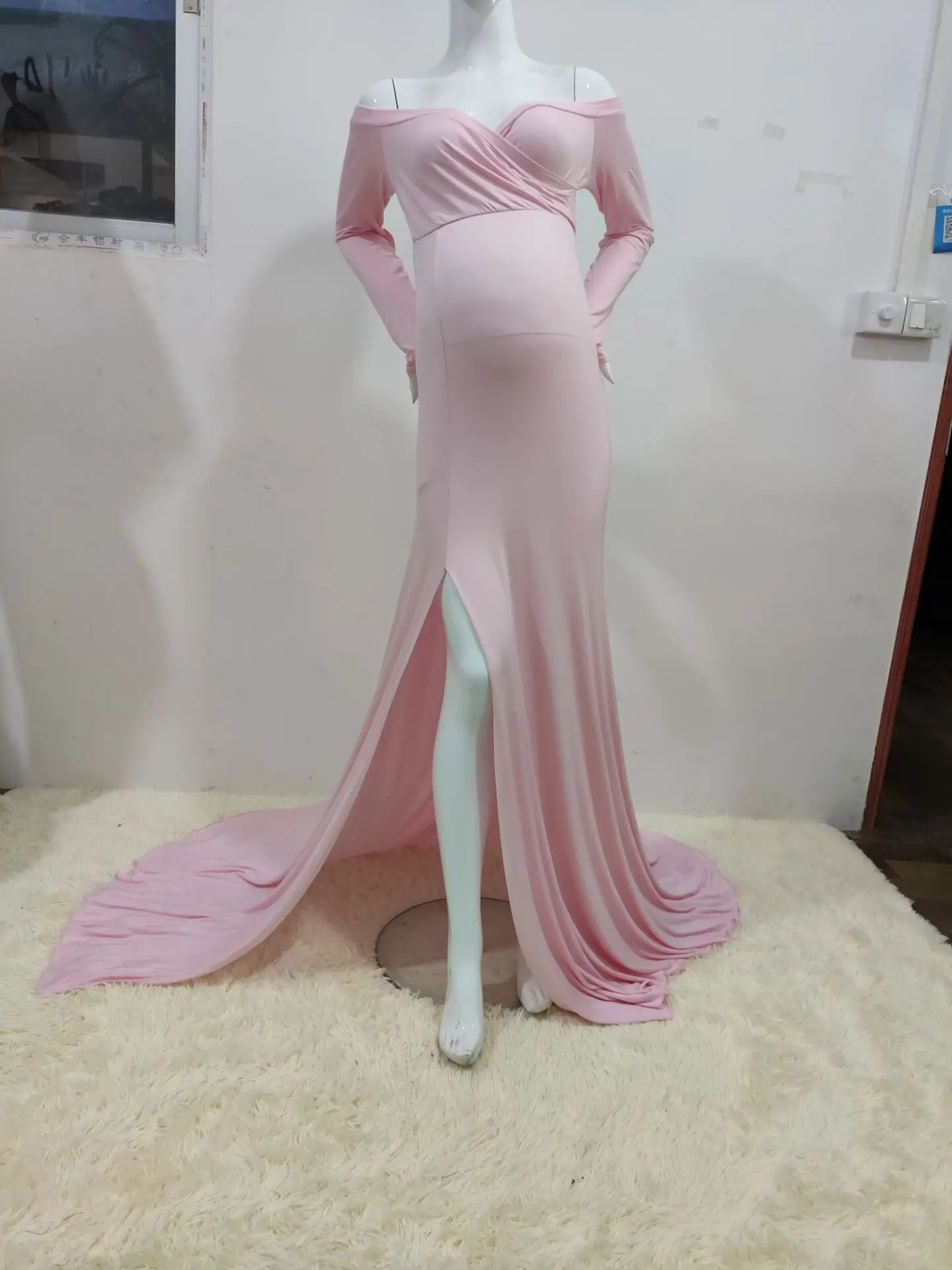 Baby Shower Dresses For Pregnant Woman Elegant Maternity Dress Photoshoot Off-Shoulder Slits Fishtail Hem Baby Shower Clothes