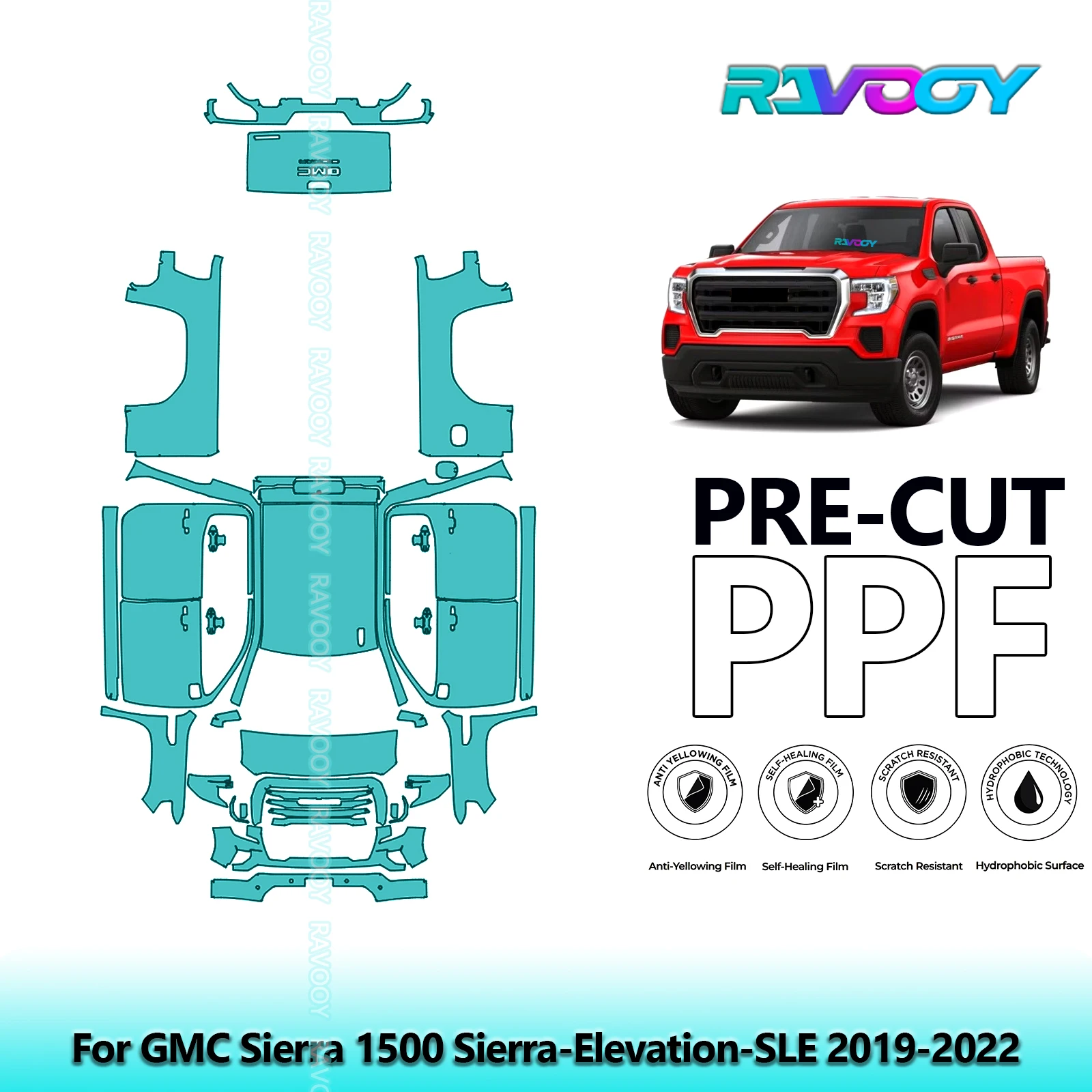 RAVOOY Custom-Fit Precut TPU PPF Full Vehicle Clear Bra Stone Guard EU UK For GMC Sierra 1500 Sierra-Elevation-SLE 2019-2022