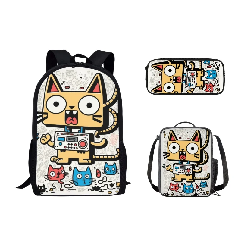 3Pcs Cartoon Cat Illustration Print School Bag for Teenager Boys Girls Backpack Lunch Bag Pencil Bag Student Casual Backpack