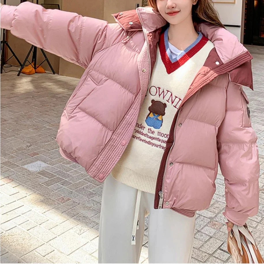 2024 Sweet Contrast Color Stitching Women\'s Down Jacket Fashion Hooded Long-sleeved Winter Warm Coat Commuting All-match Parkas