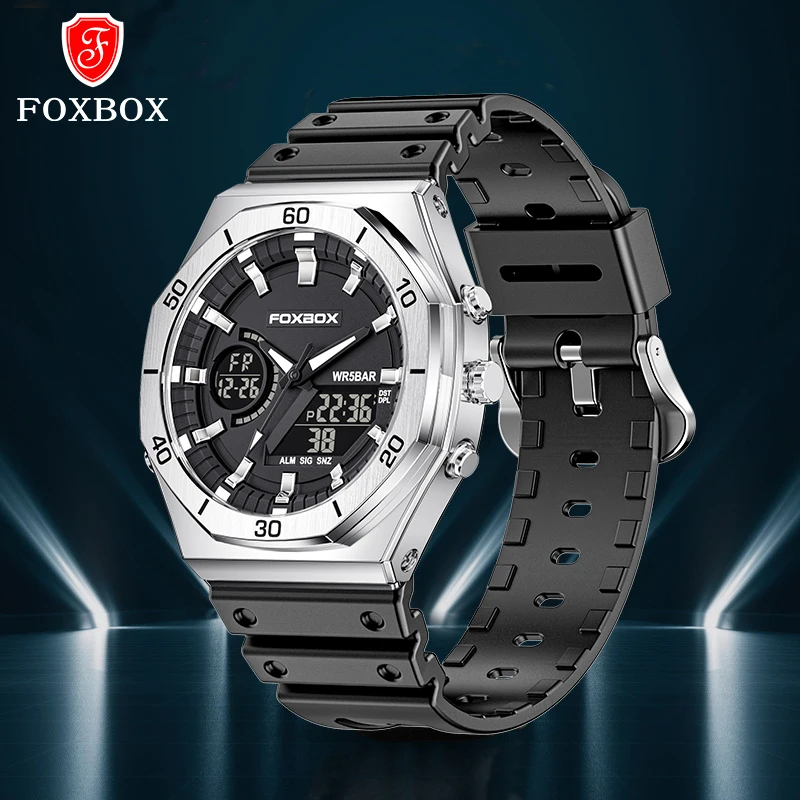 

FOXBOX New Dual Display Watch For Men Casual Sports Chronograph Quartz Big Dial Wrist Watches Silicone Waterproof Digital Clock