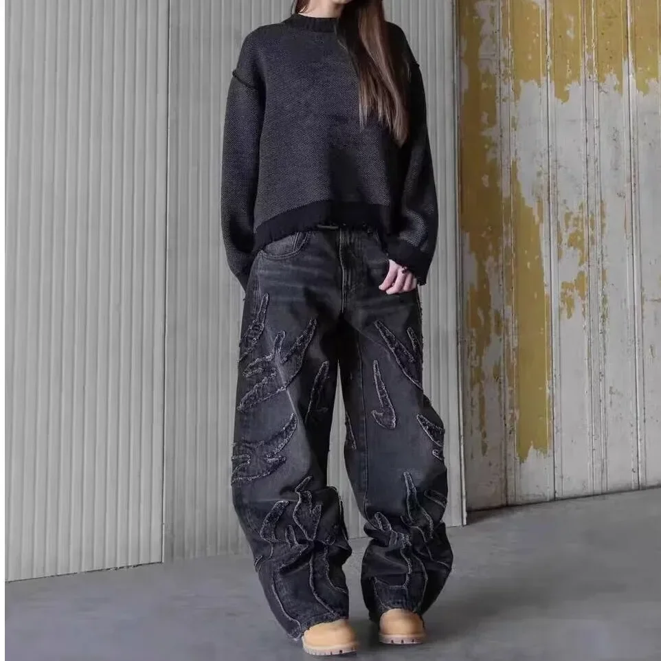 Harajuku خمر الخفافيش نمط التطريز فضفاض الجينز الرجال الشارع السراويل كسول الجينز #6