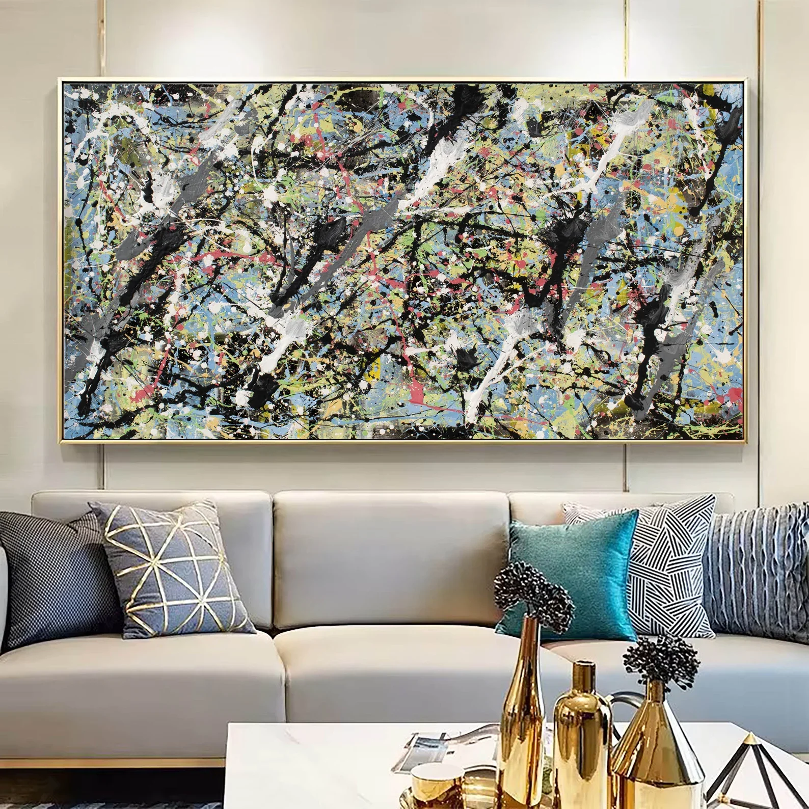 Large Abstract Splatter Canvas Wall Art Jackson Pollock Style Blue Green Black Drip Painting Modern Living Room Home Decor