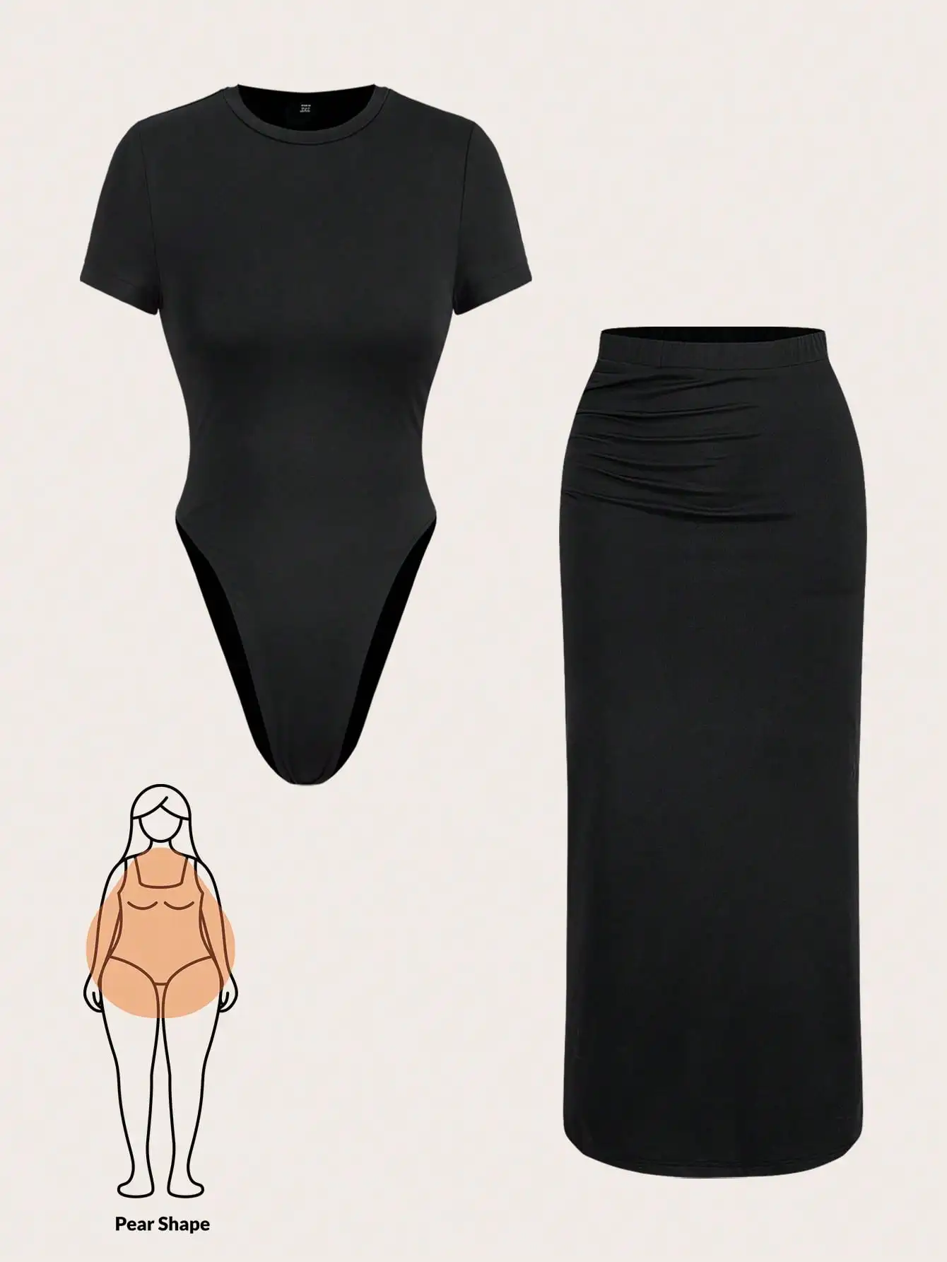 

Женский черный комплект больших размеров из двух предметов: боди с коротким рукавом и юбка миди с драпировкой для летнего повседневного или офисного образа