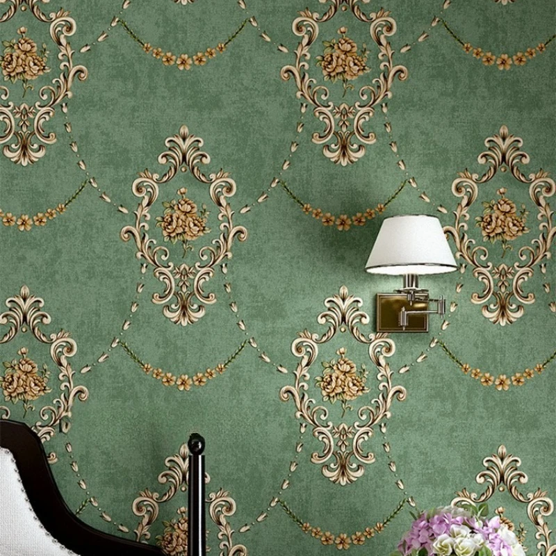 European Damascus Wallpaper Countryside Living Room Home Bedroom Background Wall Decor Dark Green Wall Paper Hotel Home Decor