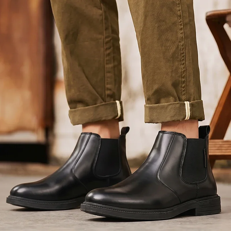 Men Leather Chelsea Ankle Boots Slip-on Design Comfort Sole For Daily Office