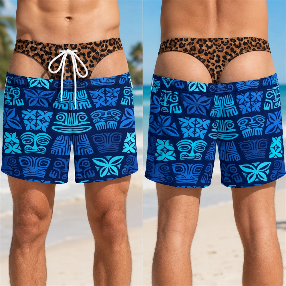 Hawaii Floral Plant Print Men Funny Swim Trunks 3D Print Fun Fake Buttock Skin Pattern Design Summer Beach Party Short Viral