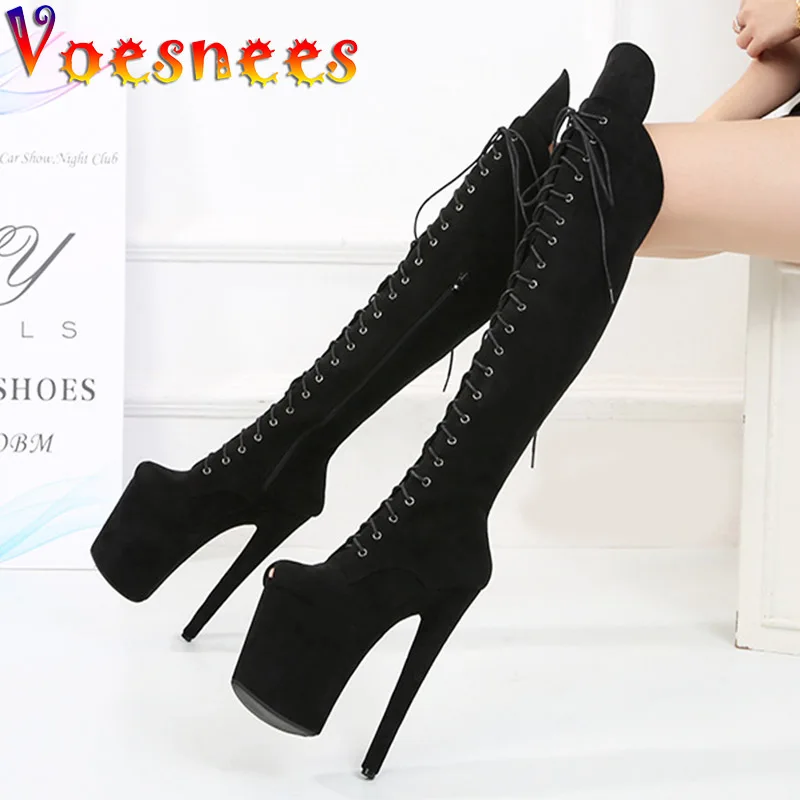 Women Shoes Black Platforms Pole Dance High Heels Female Suede Side Zip Sexy Peep Toe Pumps Club Over-the-knee Long Tube Boots