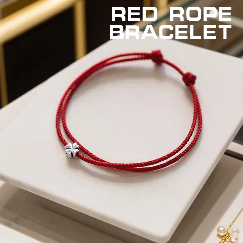Mini Fashion Four-leaf Clover Red Thread String Bracelet Lucky Red Handmade Rope Charm Bracelet For Women Men Jewelry