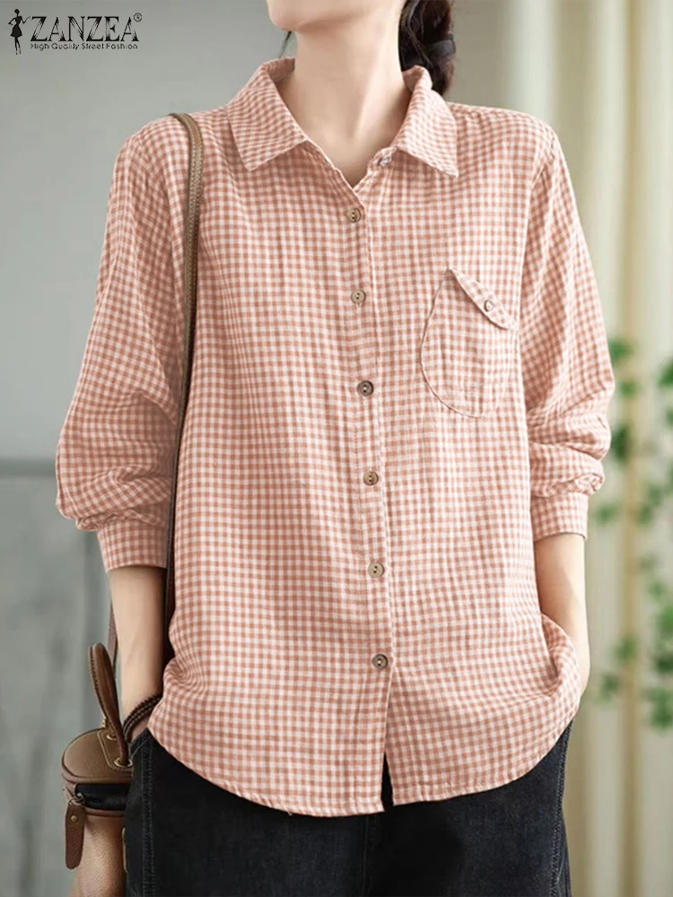 

ZANZEA Women Casual Shirt Spring Long Sleeve Plaid Checked Blouse Vintage Turndown Collar Buttons Down Blusas Holiday Tops Mujer