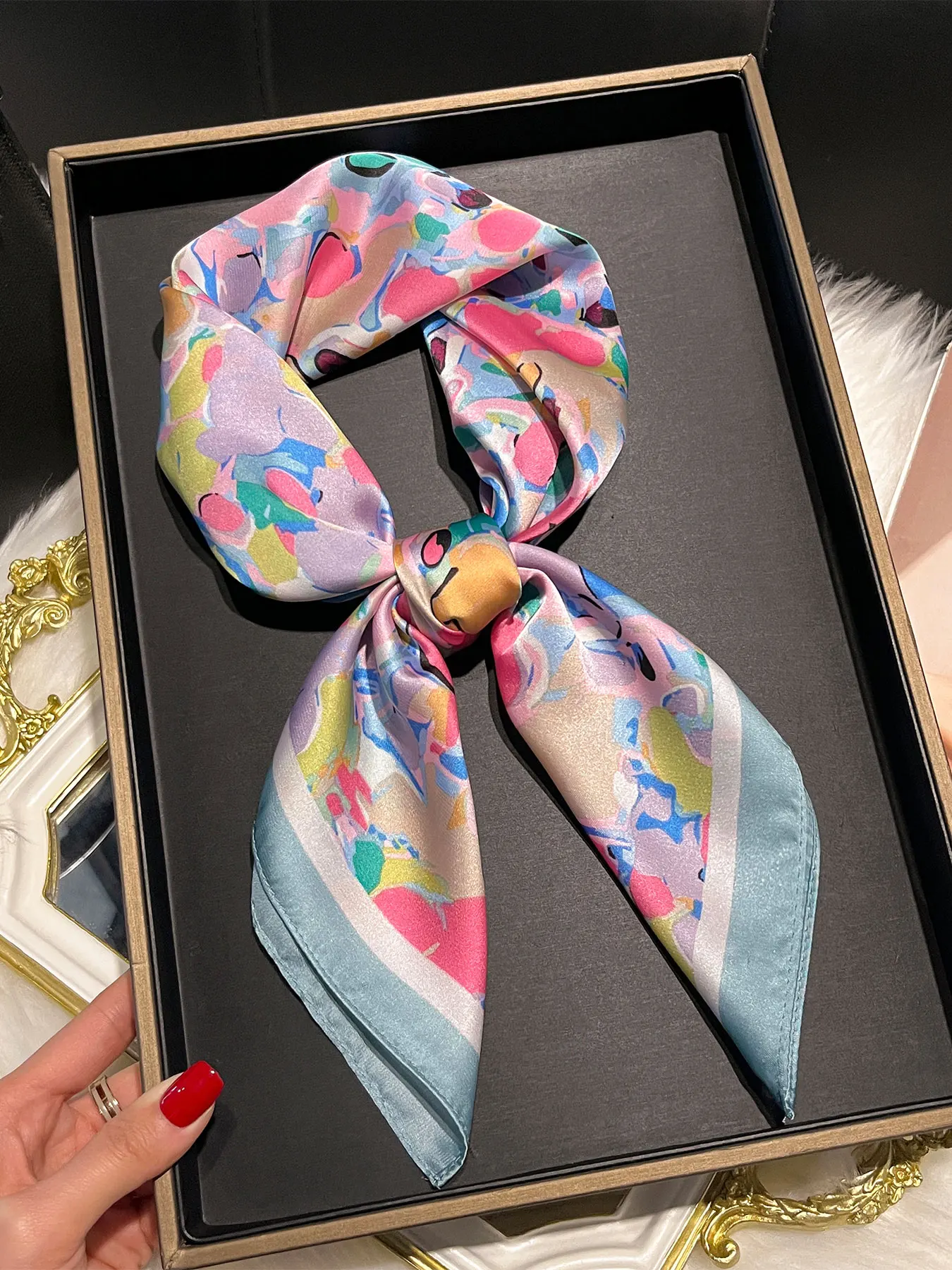 Abstract Paint Splash Square Scarf 70x70cm, Satin Imitation Silk, Vibrant Color Block Art Print, Fashion Neck Bandana for Ladies