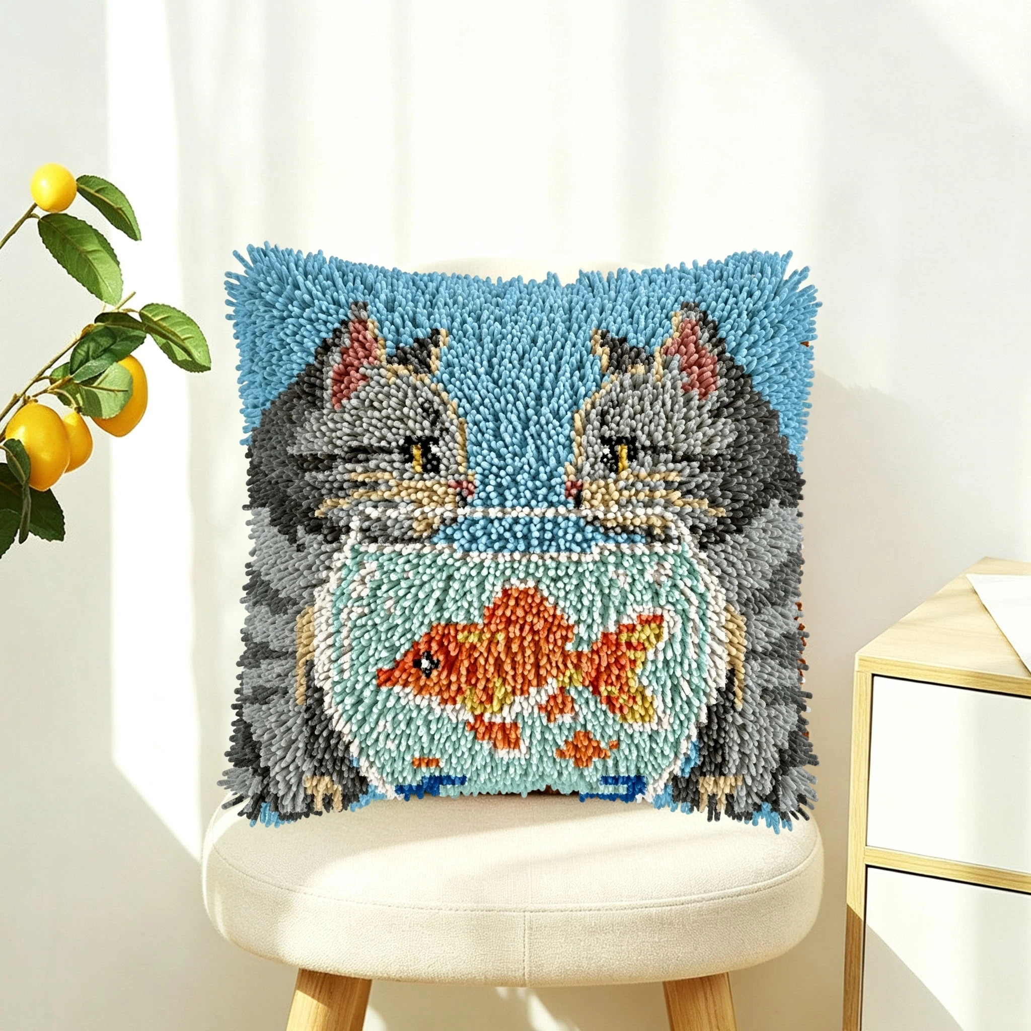 1 Set Aquarium Zwei Katzen Knoten-Kissen Häkelset Kissenbezug-Set für Handarbeiten Häkelsets DIY Anfängerfreundlich Em – Detail 2