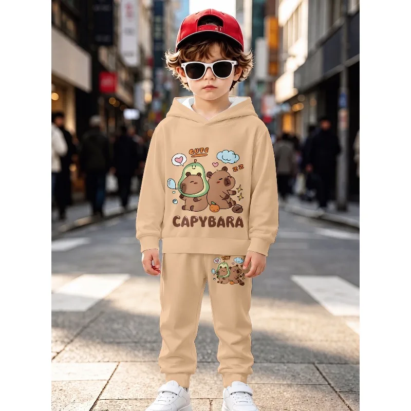 Little Boys 2 Piece Hoodie Jogger Tracksuit, Cute Capybara Geometric Line Cartoon Dinosaur Print Kids Casual Daily Outfit