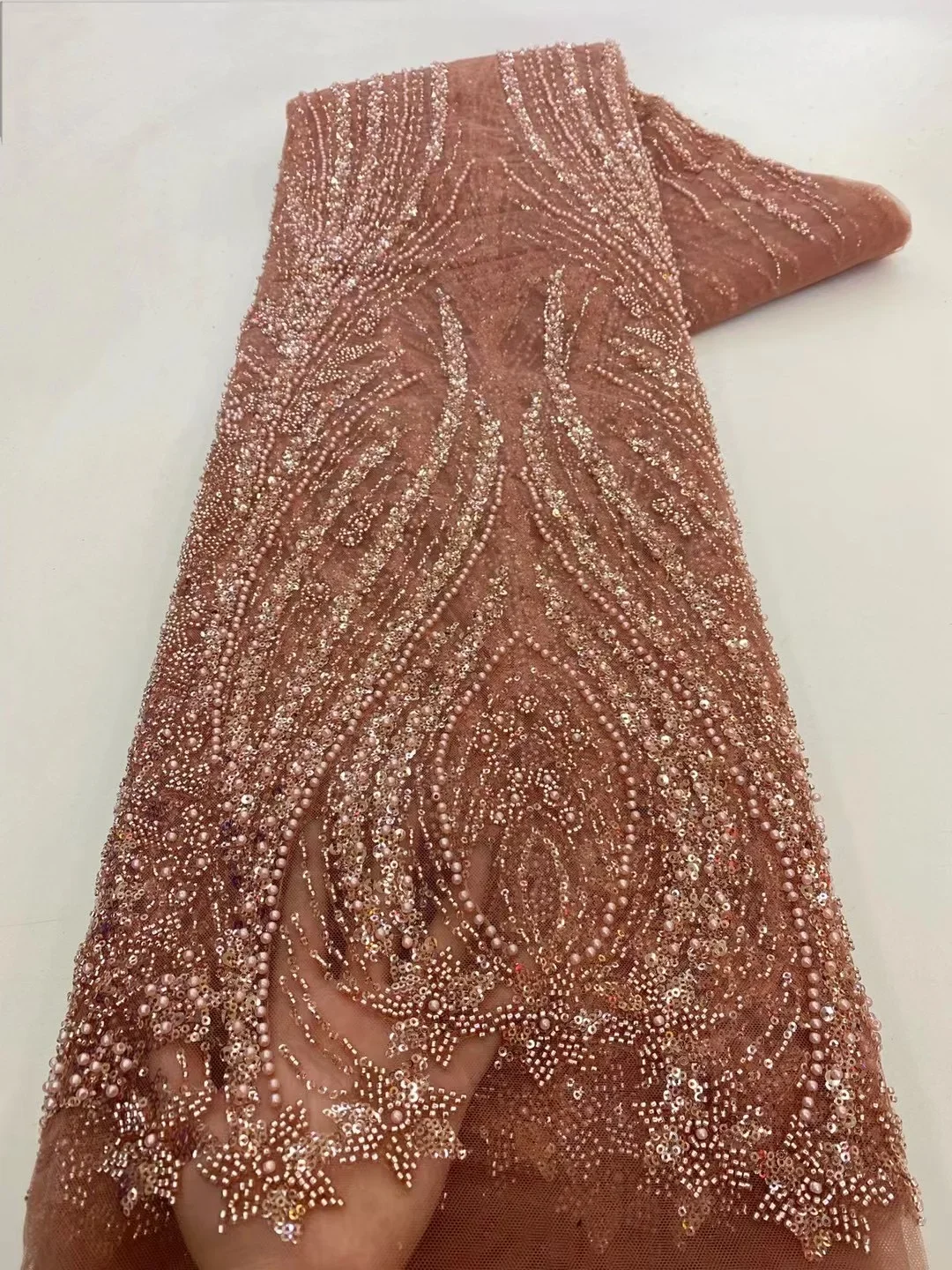 

High-End Handmade Beads Net Lace with Sequins Embroidery Super 2025 Fabric for Wedding Evening Dresses Fashion Design