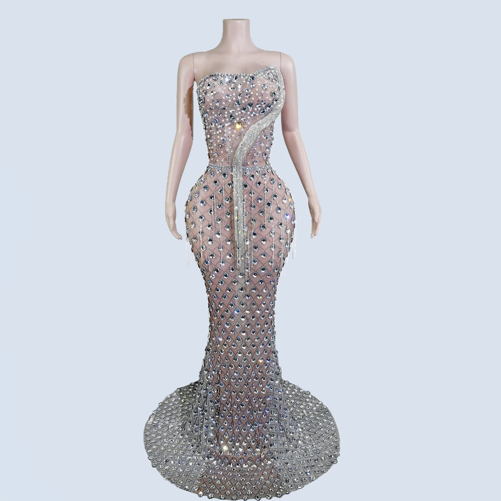 Glitzer Silber Kristall Lange Kleider Abend Party Sänger Beyonce Kostüm Look Drag Geburtstag Club Show Feiern Gogo Body Outfit