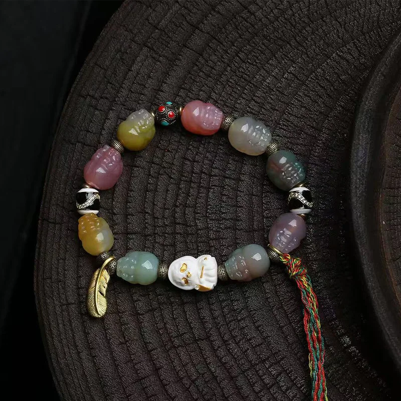 Natural Salt-Source Agate Pixiu Carved Bracelet Single-Circle Reflux Bone Adani Nepalese Bead Tiger Tooth Bead Bracelet
