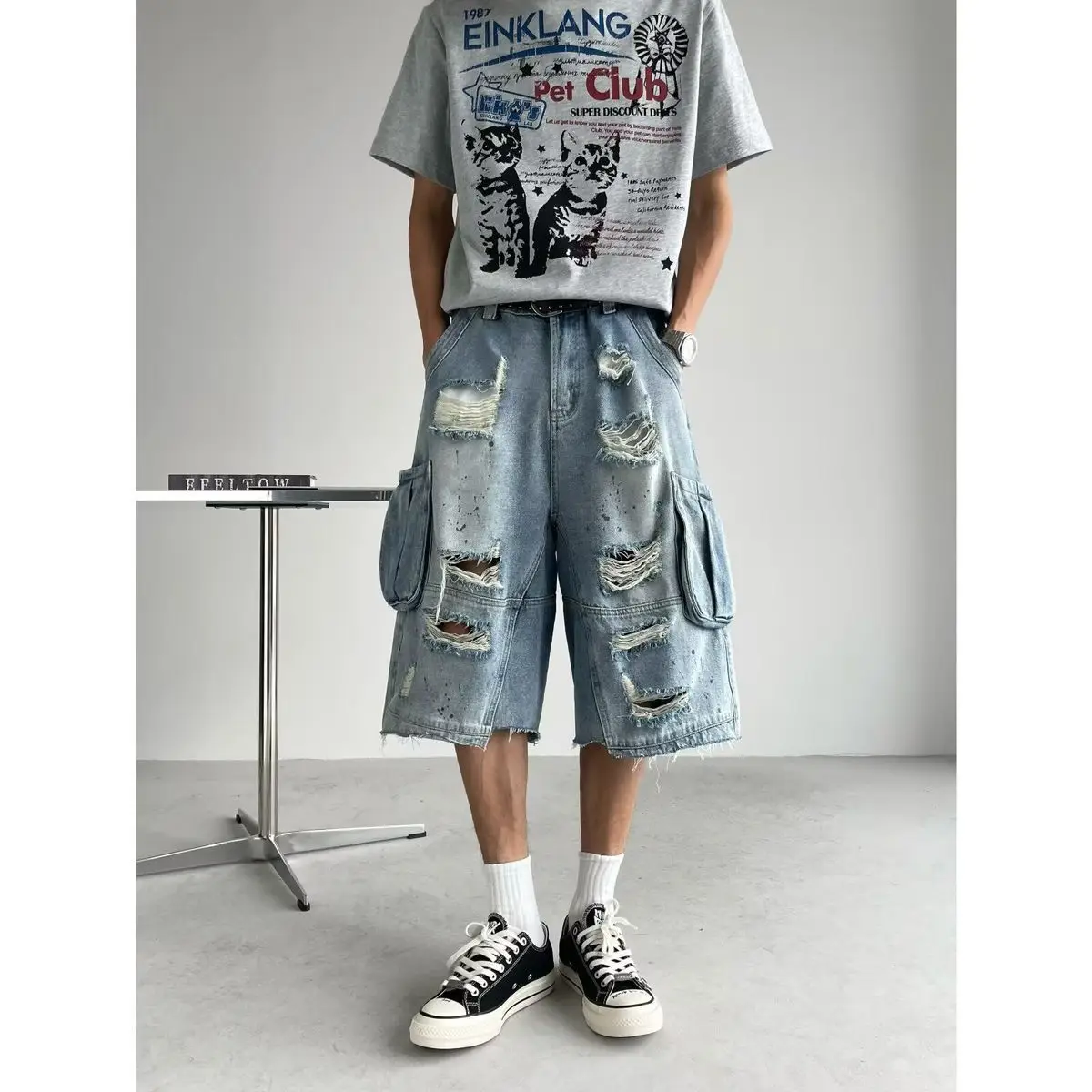 Summer Men's Large Pocket Perforated Denim Shorts Casual Trousers Cool Boys Wide Leg Bottom Male High Waist Calf-length Pants
