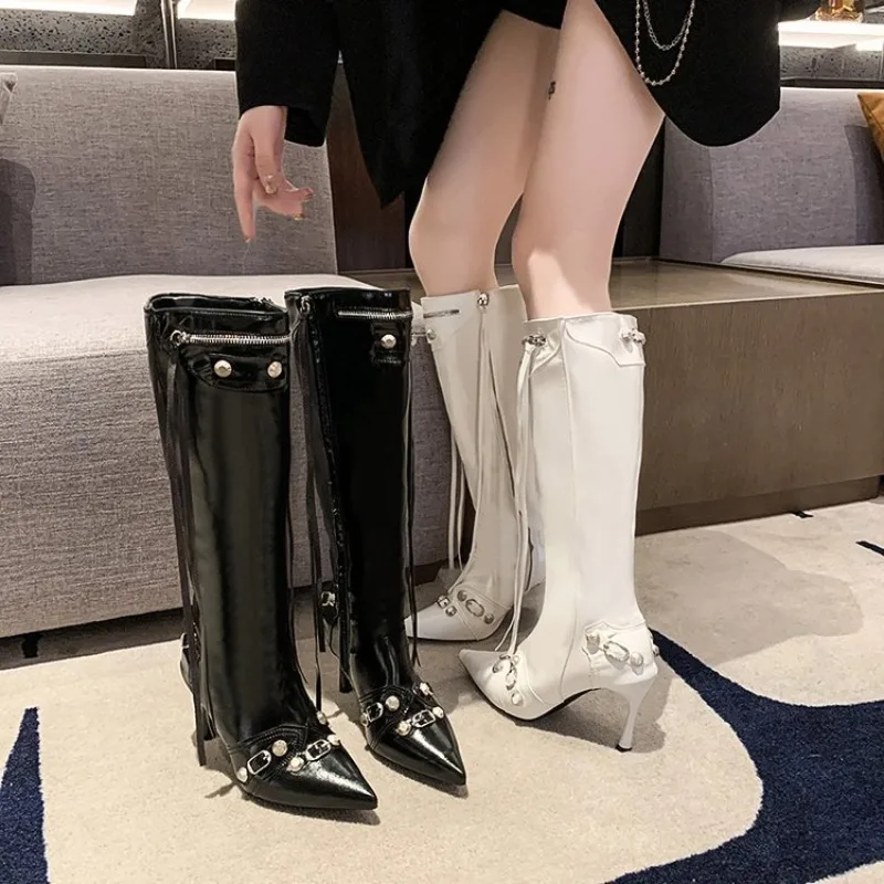 Women Knee-high Boots Temperament Pointed High Heel Boots Fashion Patent Leather Metal Chain Designer Women Boots Botas Feminina