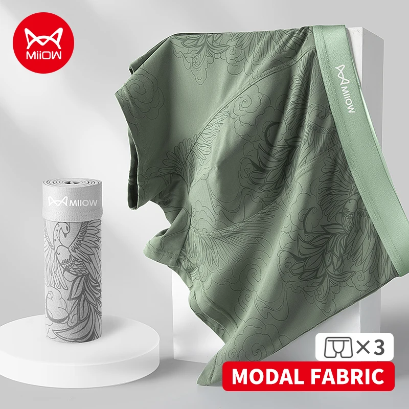 MiiOW 3Pcs Modal Men Boxershorts Skin-friendly Breathable Mens Underpants 7A Antibacterial Crotch Men's Panties Man Underwear