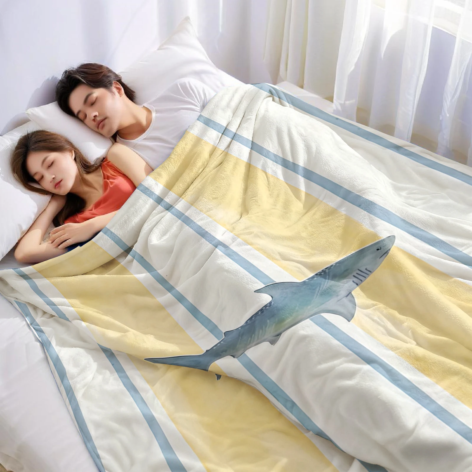 Striped Shark Ultra Soft Sherpa Fleece Blanket Fluffy Warm Halloween Cozy Throw for Sofa Couch Bedroom Gift All season