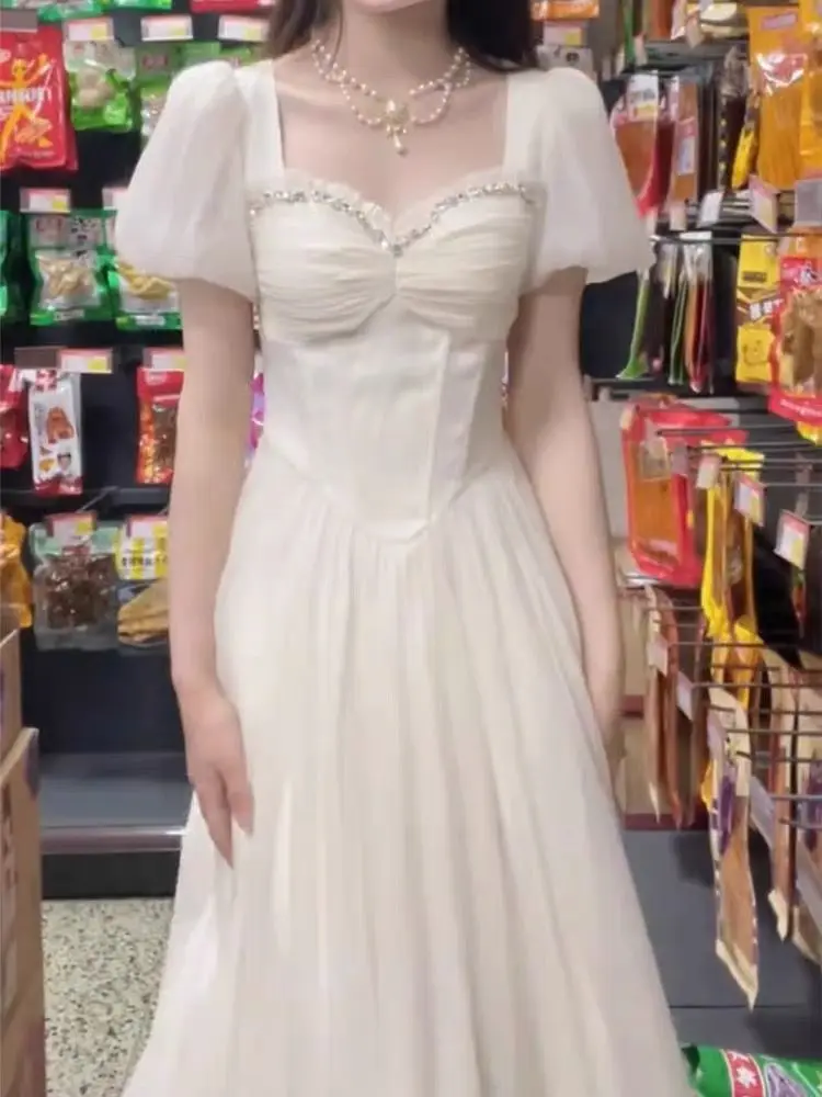 White Fairycore Princess Dresses Women Puff Sleeve Diamonds Midi Vintage Chiffon A-line Birthday Party Holiday Ins Temperament