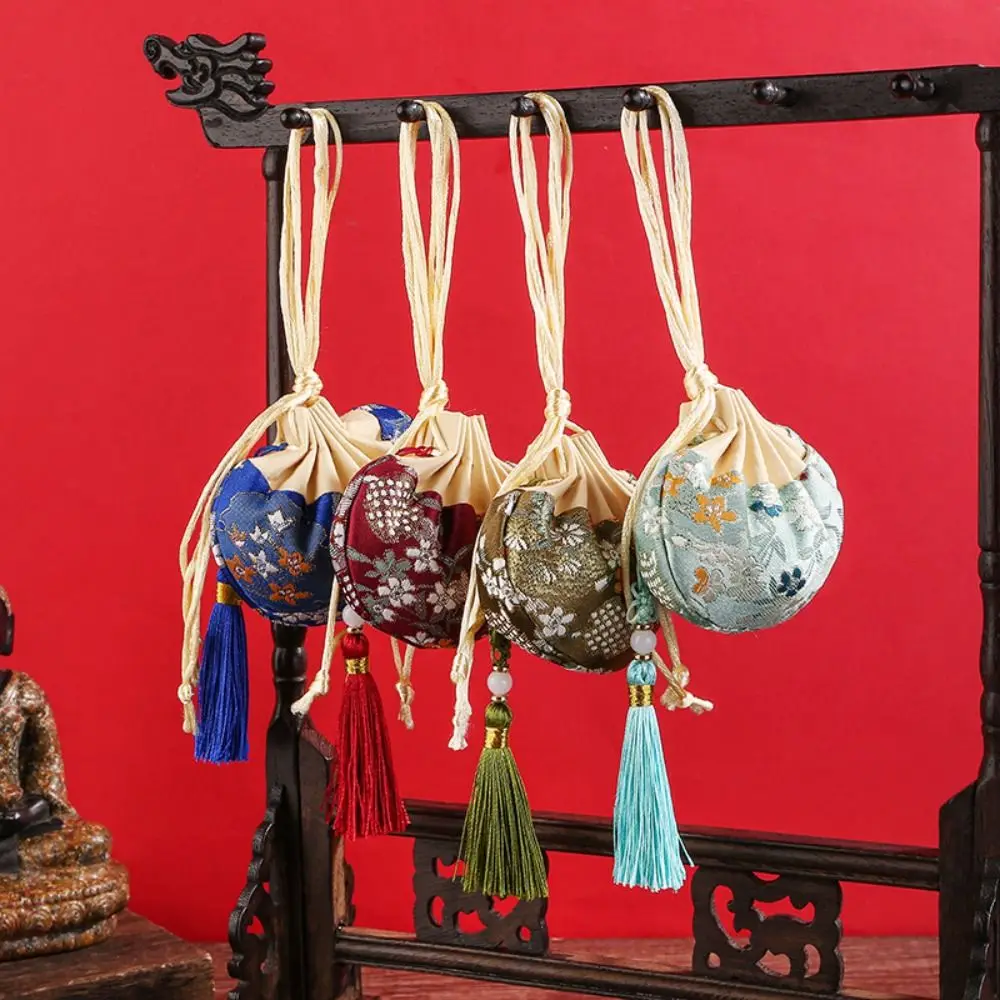 Saco de armazenamento estilo chinês para mulheres, borla com cordão, padrão floral, colares, borla, bolsa, saquinho vazio