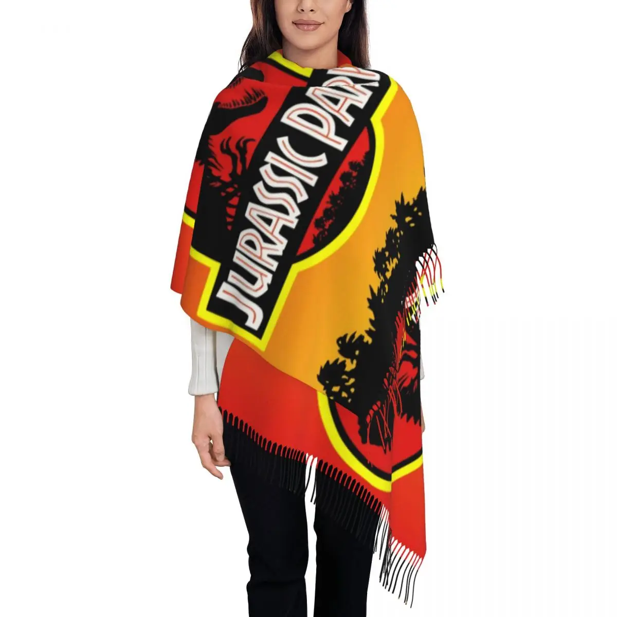 Custom Print Jurassic Park Logo In Yellow Orange Scarf Men Women Winter Warm Scarves Ancient Animal Shawls Wraps