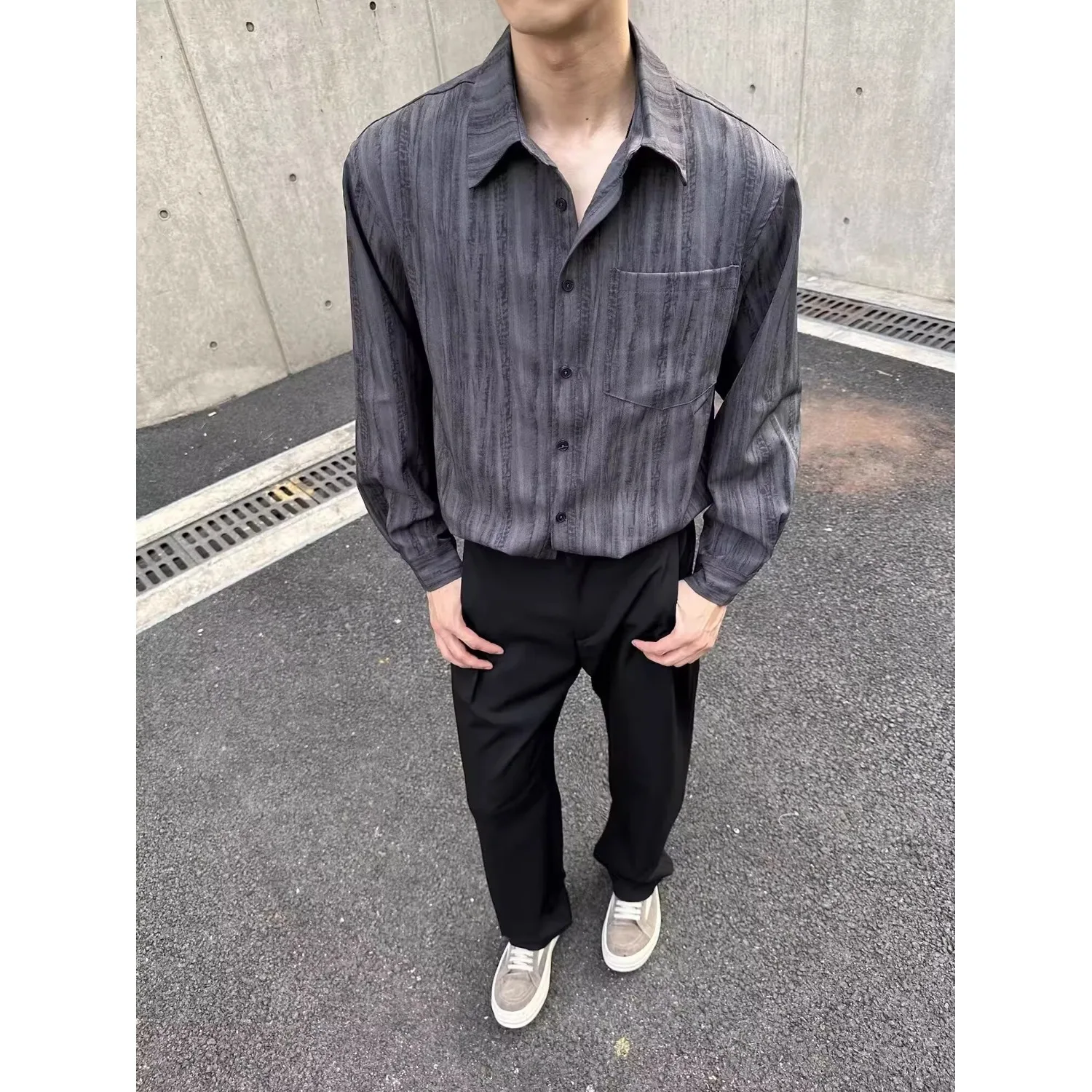 

Loose Fit Long Sve Men's irt Vertical Stripes Layering Sle Casual Outerwear Polyester Fiber Spring Autumn Youth Faion