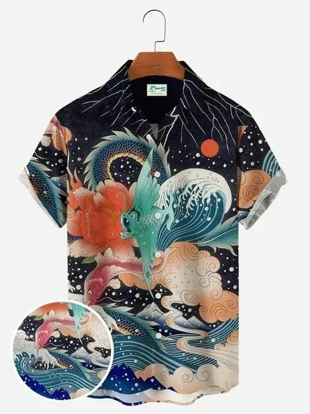 Men Women Japanese Style Printed Shirt Pattern Design Short Sleeve Shirt Fashion Seaside Casual Button Shirt Tops