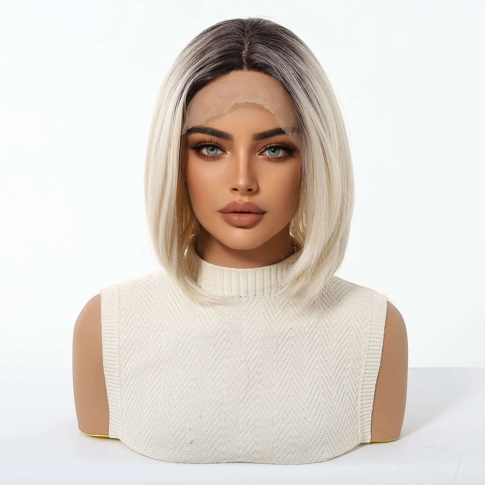 13*5*1 T Part Lace Front Synthetic Wig for Women Ash Brown To Blonde Platinum Short Straight Bob Hair With Heat Resistance Daily