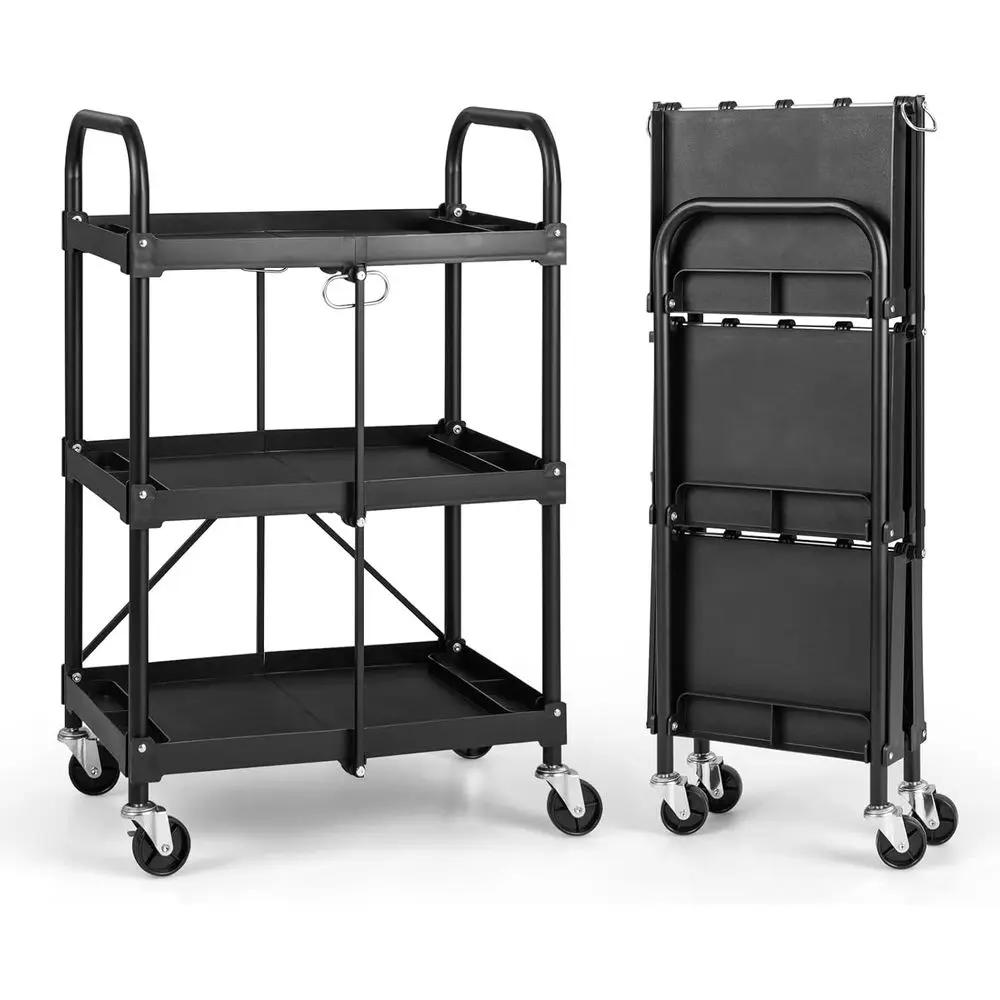

3-Tier Rolling Utility Cart, 250lbs Capacity, Lockable Casters, Collapsible Metal Cart for Office, Garage, Kitchen - Black