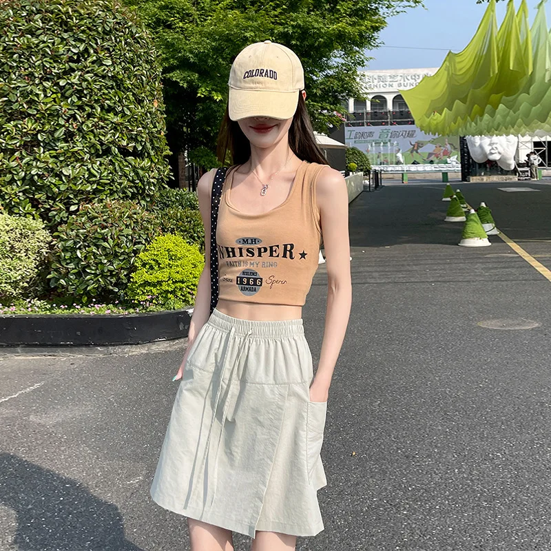 2026 Summer Women's High Waist Cargo Skort Elastic Waist Quick Dry A-line Anti-exposure Skirt Pants
