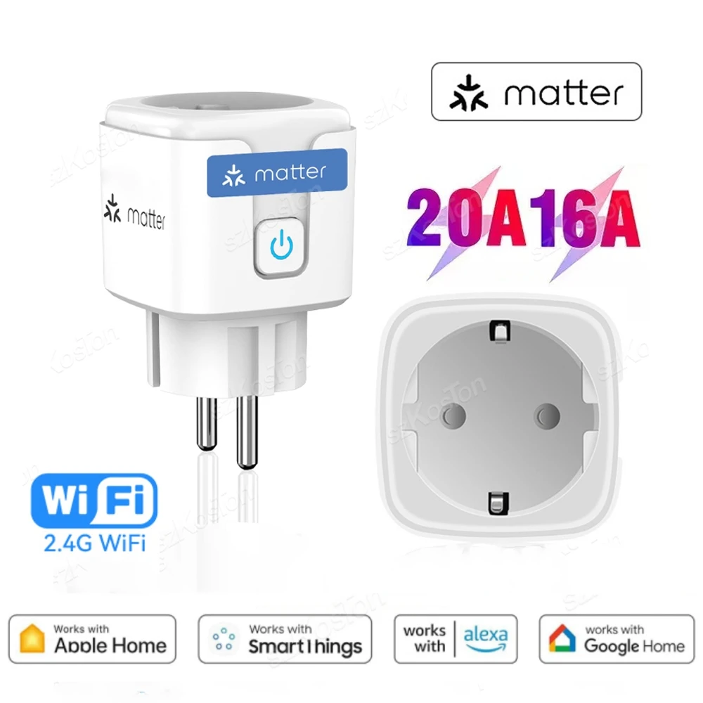 Matter Smart WiFi Socket 16A/20A EU Smart Plug Power Outlet Mini Smart Plug for HomeKit SmartThings Works with Siri Alexa