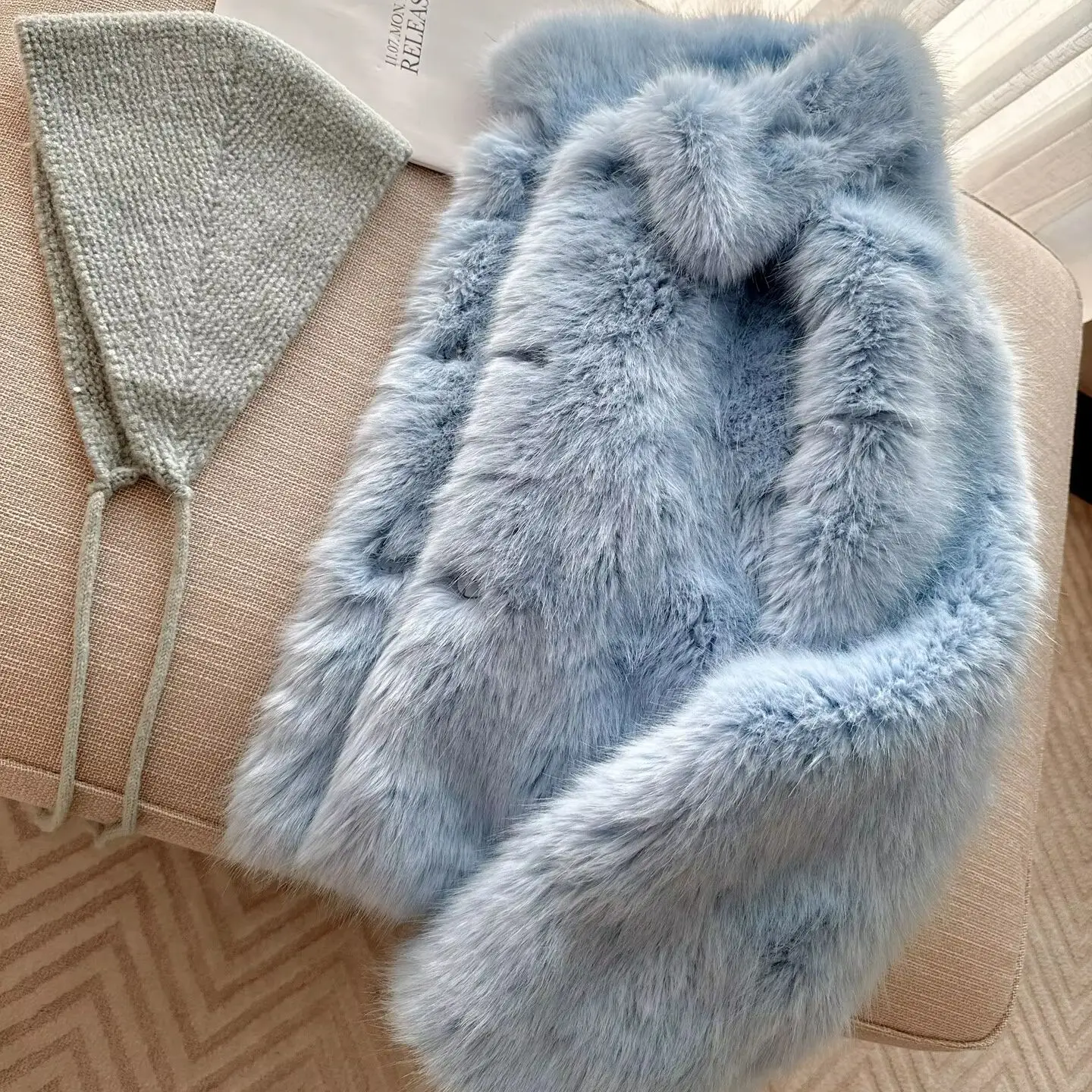 Winter Women Retro Aqua Blue Lapel Collar Hairy Shaggy Fox Faux Fur Coat Long Sleeve Furry Fur Covered Buttons Loose Outerwear