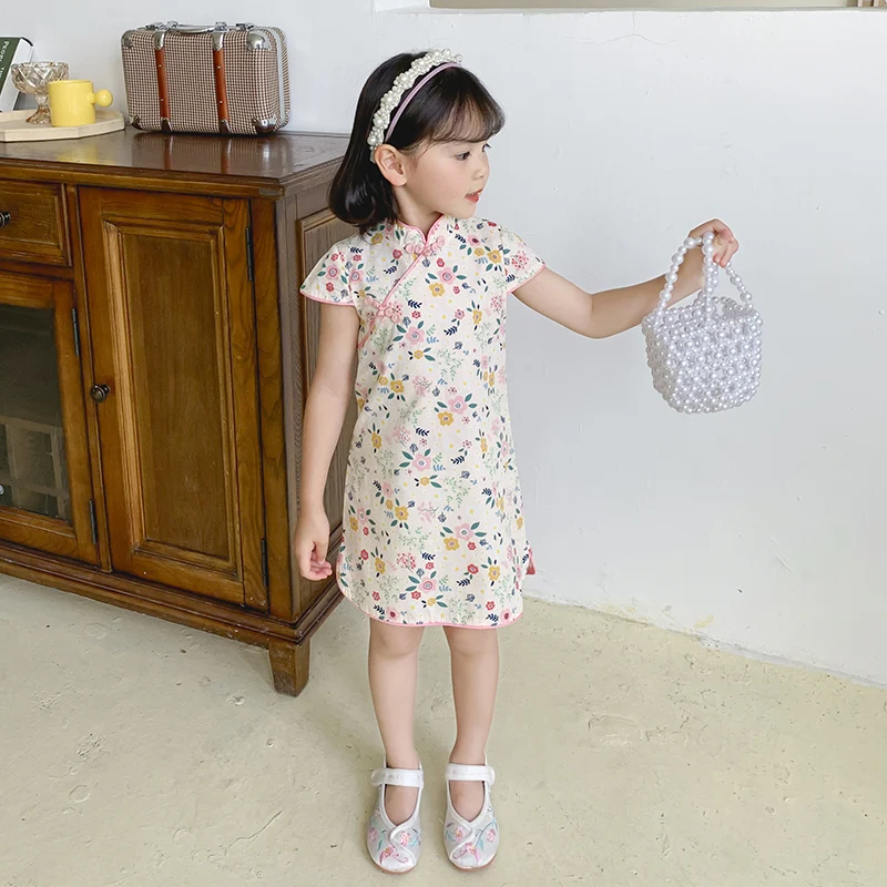 Girls\' dress summer dress new Chinese style cheongsam floral foreign style princess dress summer 2024 new  Chinoiserie